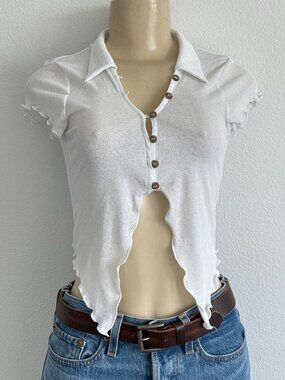Urban Outfitters BDG Top Lettuce Trim Collared Sheer Blouse Button Size S